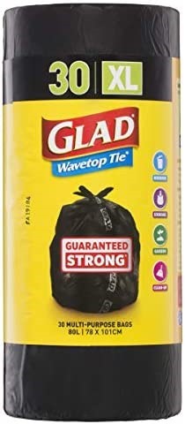 8 x GLAD 30pk Wavetop Tie Garbage Bags, 100cm x 78cm Size XL, Black. NB: D