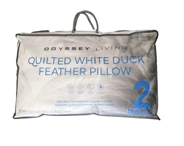ODYSSEY LIVING 2 Pack Quilted White Duck Feather Pillow, 45 x 70cm. NB: Not
