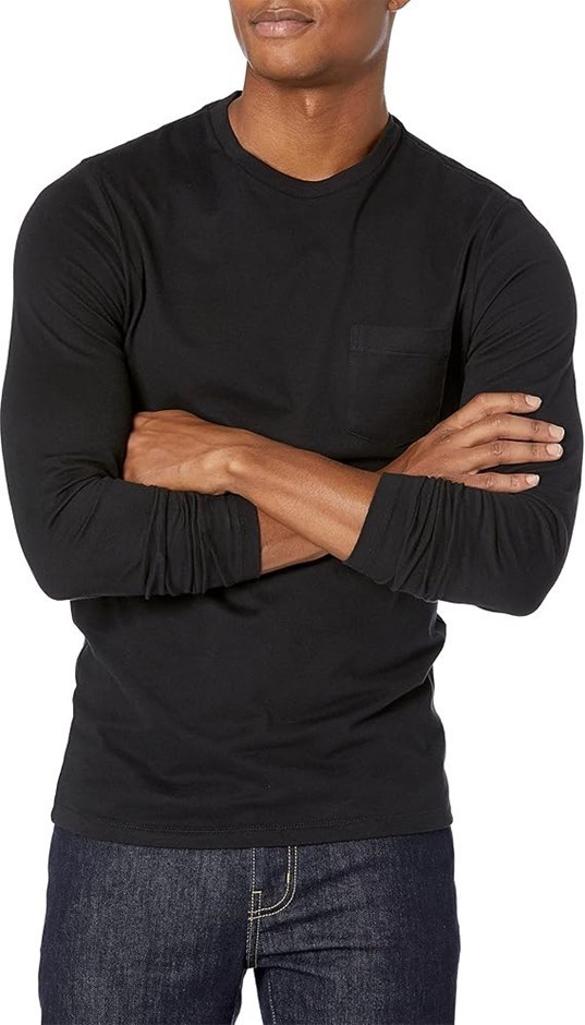 AMAZON ESSENTIALS Men's Slim Long Sleeve, Size 2XL, 100% Cotton, Black.