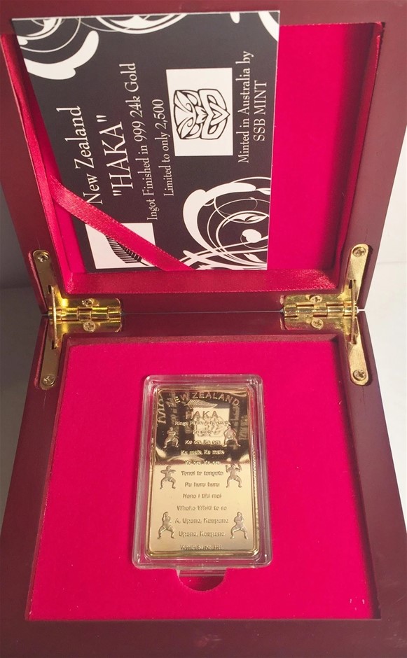 NEW ZEALAND "HAKA" 1 Oz Ingot HGE 999 Gold Wood Display LTD 2,500