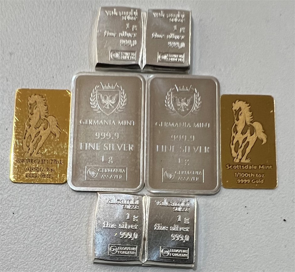 Scottsdale Gold 1/100oz 9999 Bullion Bar x 2, 1g Valcumbi Silver Barsx4, 1g