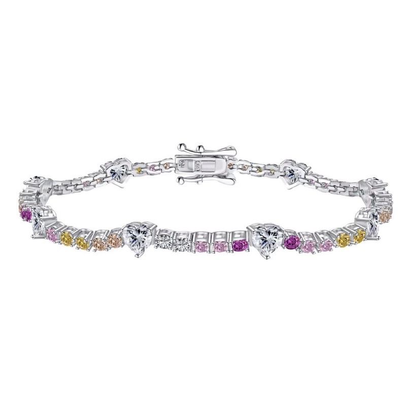 Heart Multi Colour Simulated Diamonds 925 Sterling Silver Tennis Bracelet