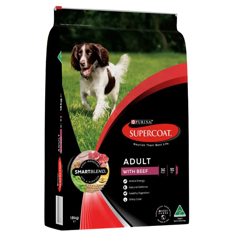 PURINA Supercoat Adult w/ Real Beef Dog Food, 18kg. NB: Damaged packaging.