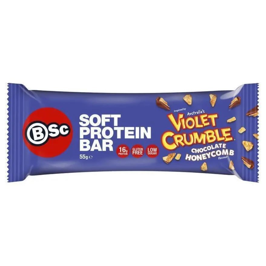 32 x BSC Violet Crumble Chocolate Honeycomb Soft Protein Bar, 55g.