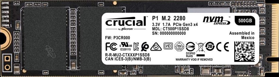 CRUCIAL P1 500GB 3D NAND M.2 Solid State Drive, NVMe PCIe Technology. NB: D