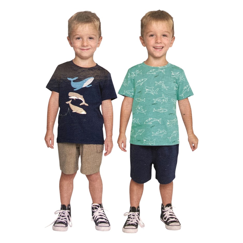 PEKKLE 4pc Kids' Tops & Shorts Set, Size 2, Turquoise Shark.