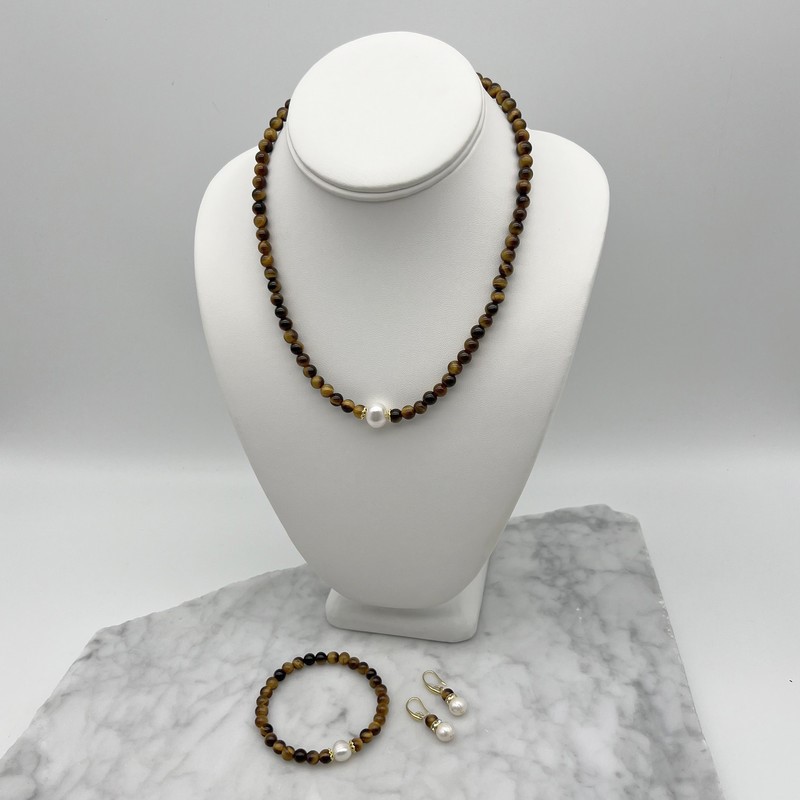 White Pearls Tiger Eye Gemstone Jewellery Jewellery Set