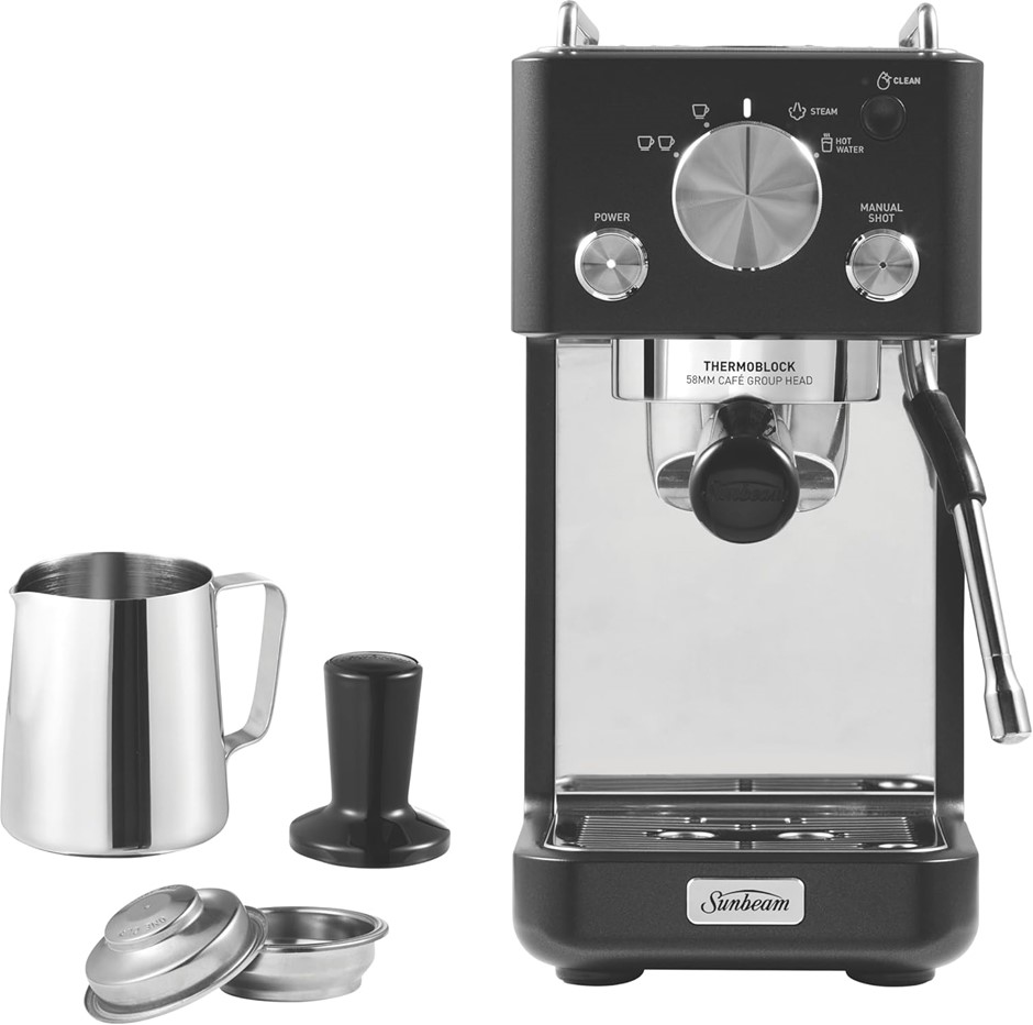 SUNBEAM Origins Slimline Espresso Machine, Black EMM4500BK. NB: minor use,