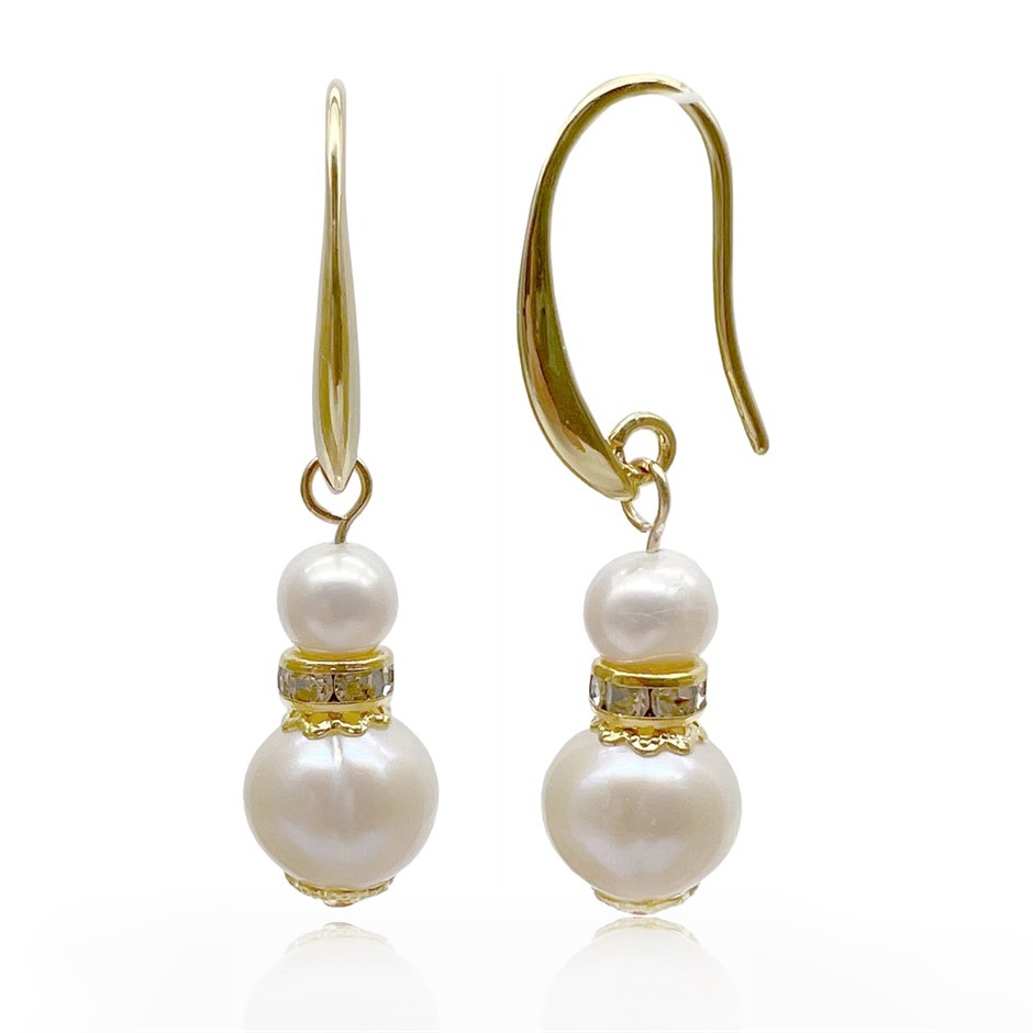 7-11mm White Pearls & Rhinestone Gold Plated Drop Earrings