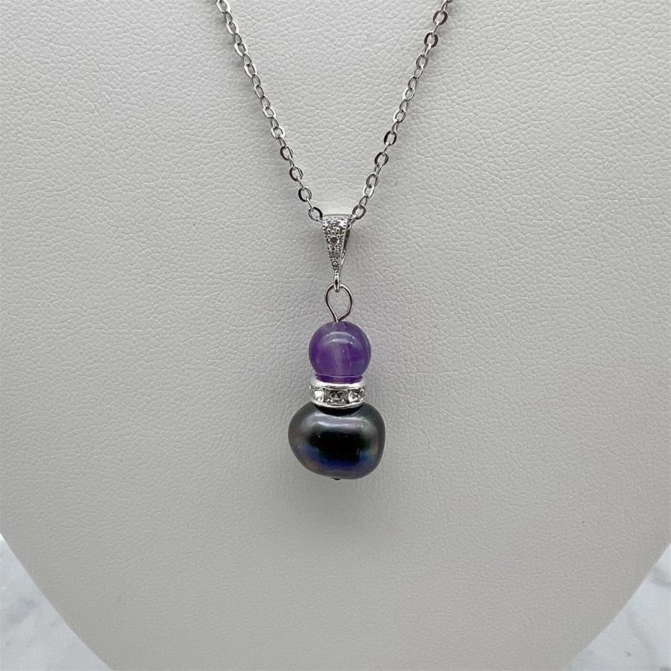 Pearl & Amethyst Platinum Plated Pendant Necklace