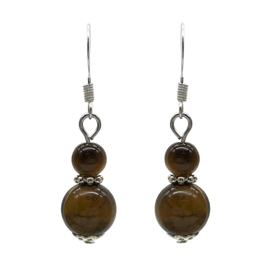 6-10mm Round Tiger Eye Silver Plated Drop Earrings