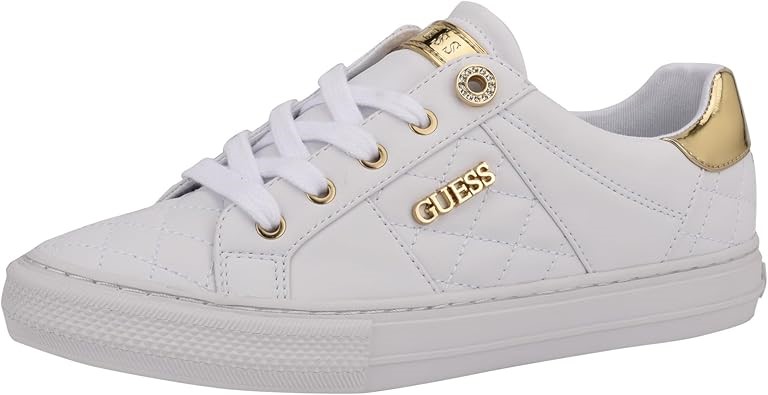 GUESS Women's Loven Sneaker, Size US9M, Colour: White/Gold. Buyers Note -