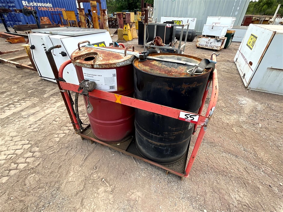 Stillage Containing 44 Gallon Drums, Pump and Hose Reel