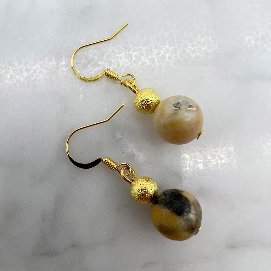 Frosted Agate Gemstone Gold Stardust Drop Earrings