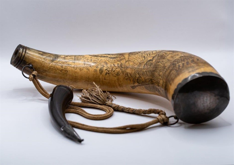 <b>Powder Horn, 19th Century Large Horn With Silver (?) Cover On Wide End