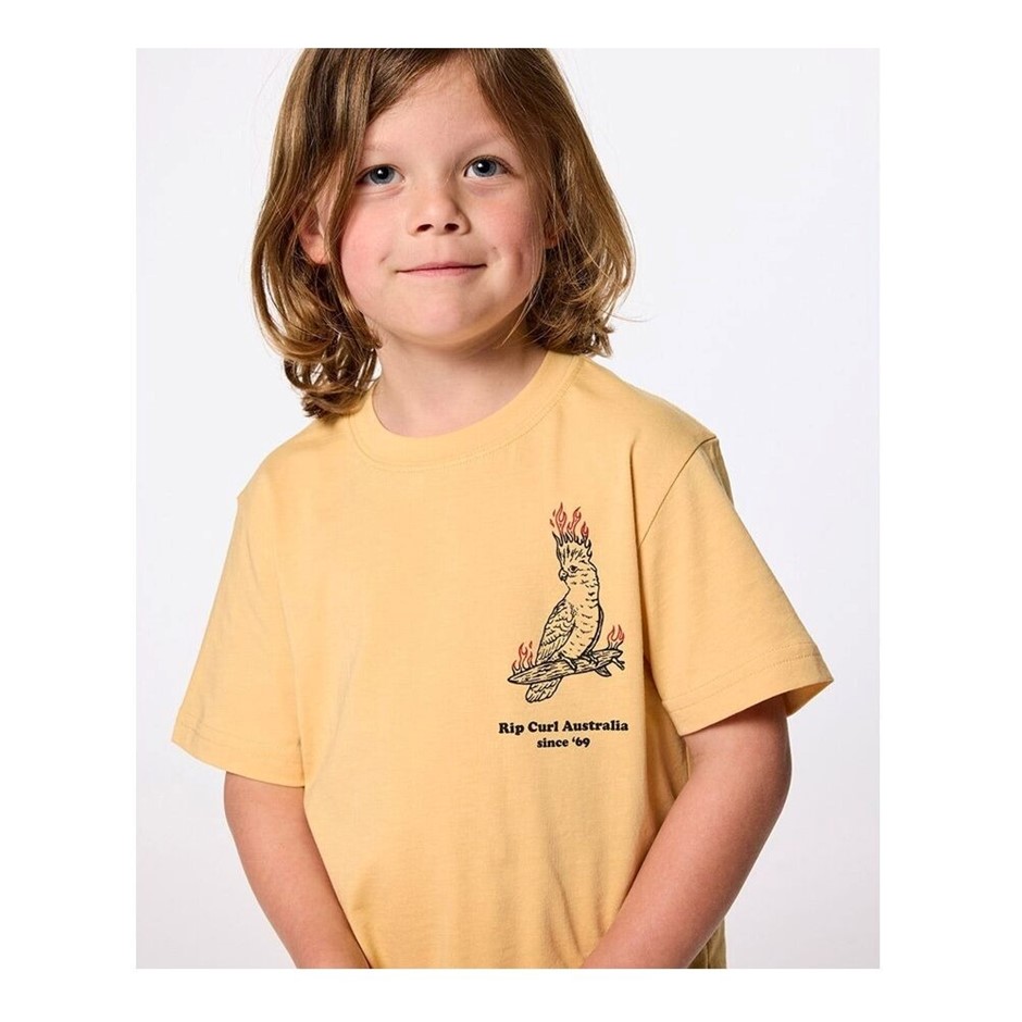 RIP CURL Boy's Flamin Galah Short Sleeves Tee, Size 3-4, Washed Yellow. RRP