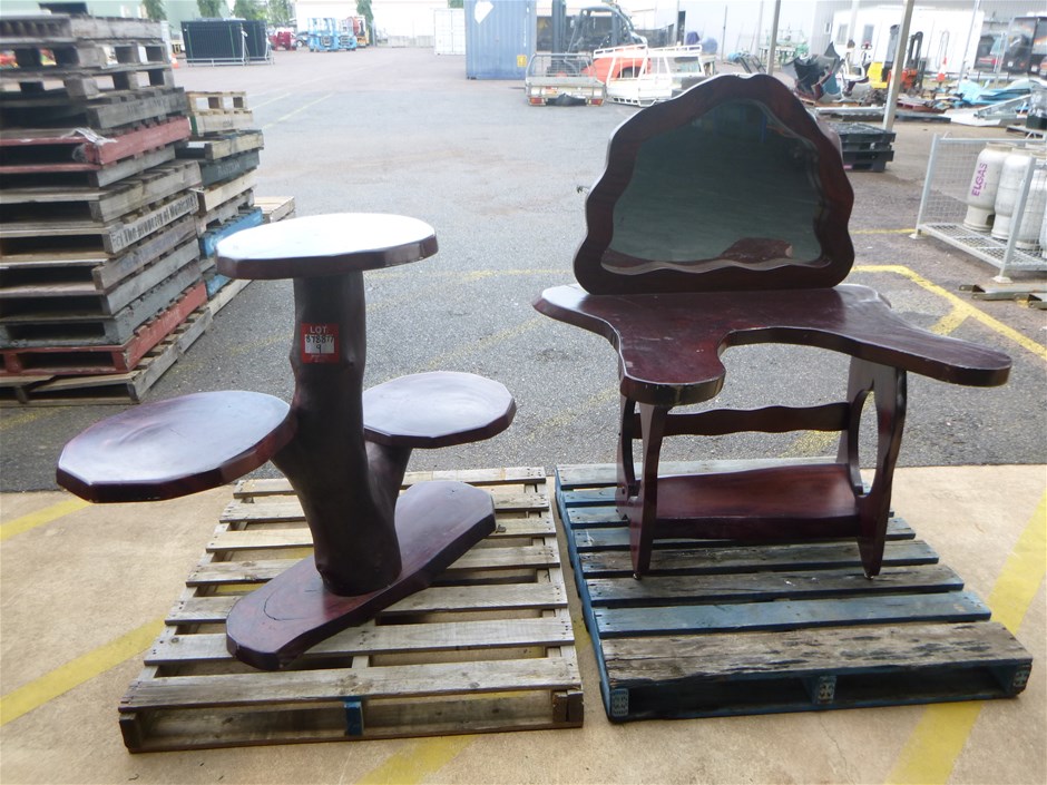 <p>Hand carved wooden pot plant stand and mirror table</p>
