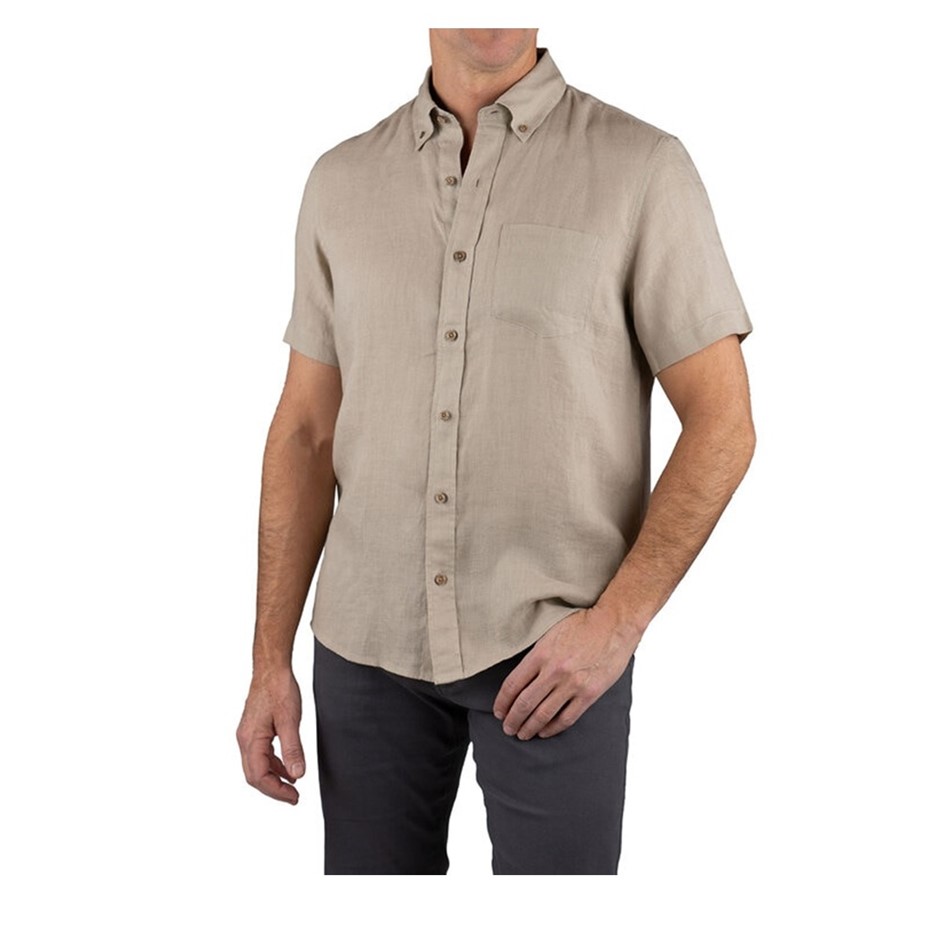 TAILOR VINTAGE Men's S/S Shirt, Size M, 100% Linen, Summer Khaki. NB: faint