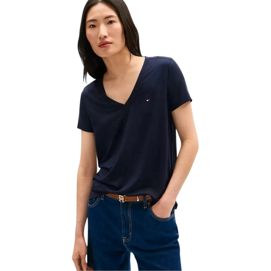 TOMMY HILFIGER Women's V-Neck S/S Tee, Size S, 60%Cotton/40%Modal, 411 Sky