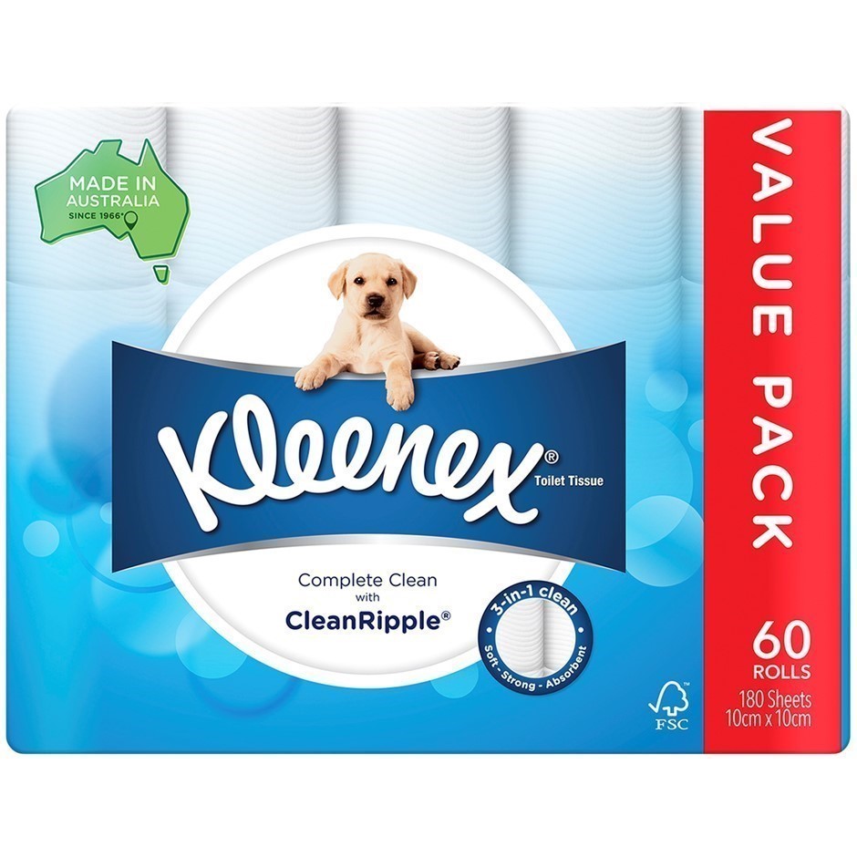 KLEENEX 60pk Toilet Paper, Complete Clean, 180 Sheets. N.B: Damaged packagi