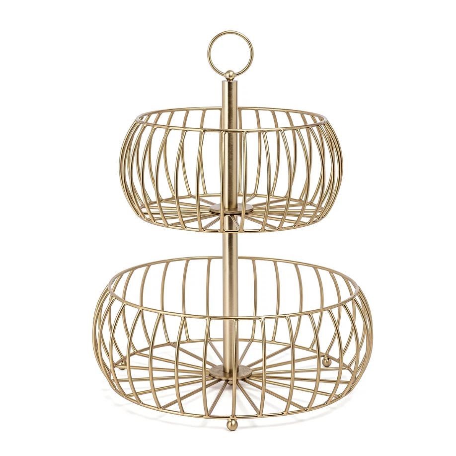 OVER AND BACK 2-Tier Golden Fruit Basket. NB: Damaged packaging, minor acce