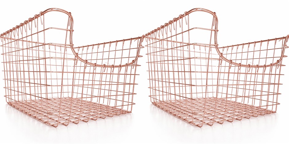 2 x Rose Gold Basket Organizer, Metal Storage, Open Grid Design for Kitche