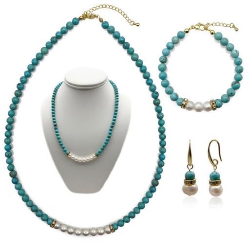 7-8mm Pearl & Turquoise Real 18k Gold Plated Jewellery Set