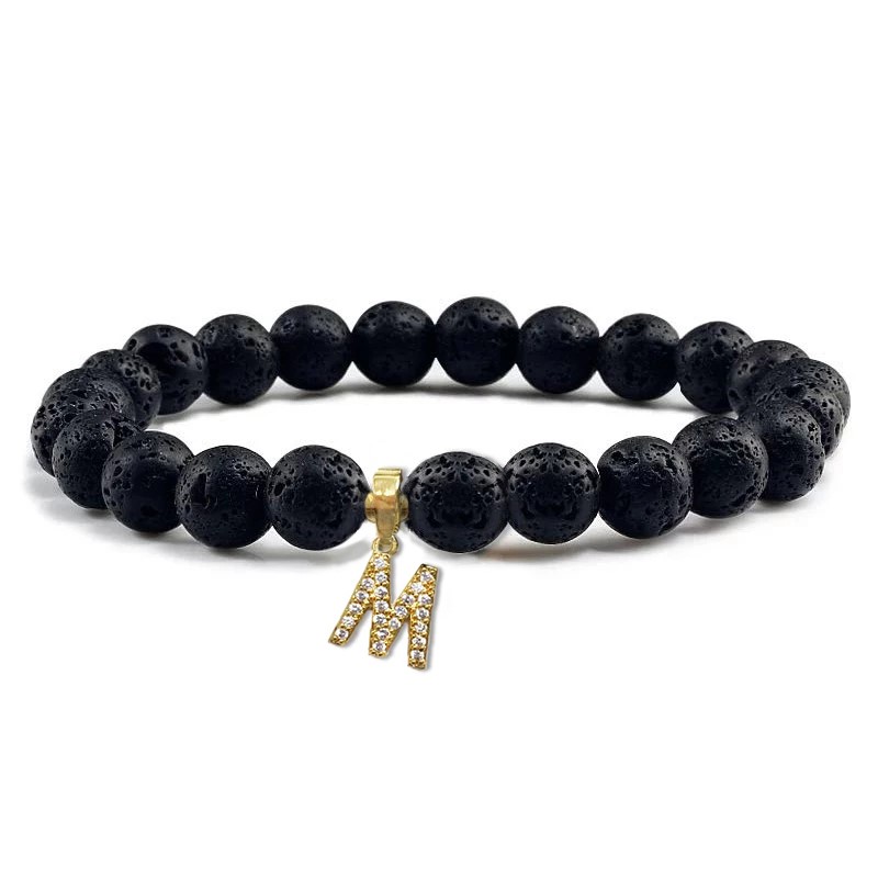 Unisex Black Volcanic Lava Rock Beaded Crystal Initial "M" Bracelet -Yellow