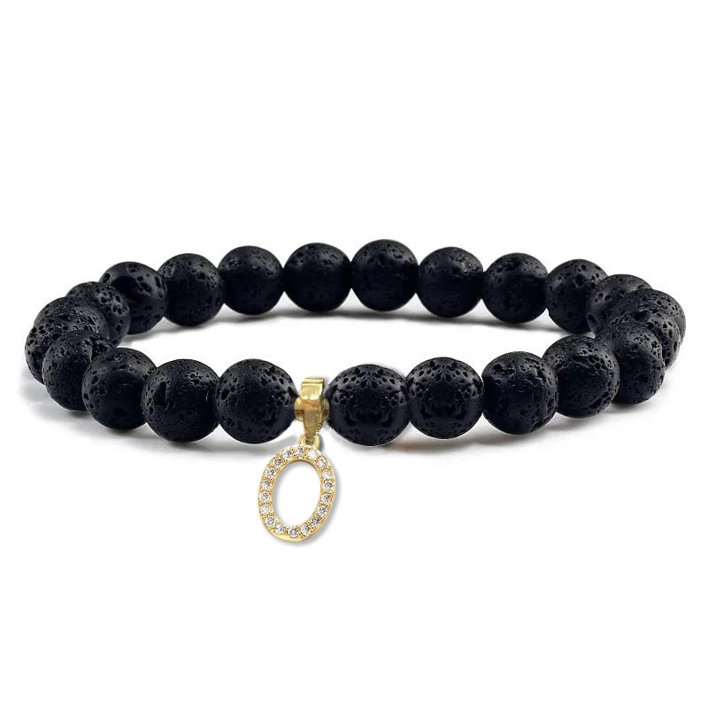 Unisex Black Volcanic Lava Rock Beaded Crystal Initial "O" Bracelet -Yellow