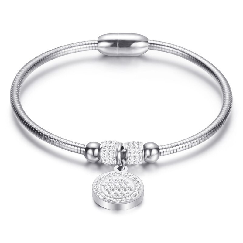 Classy Stainless Steel Snake Bangle Featuring Simulated Diamond Charm