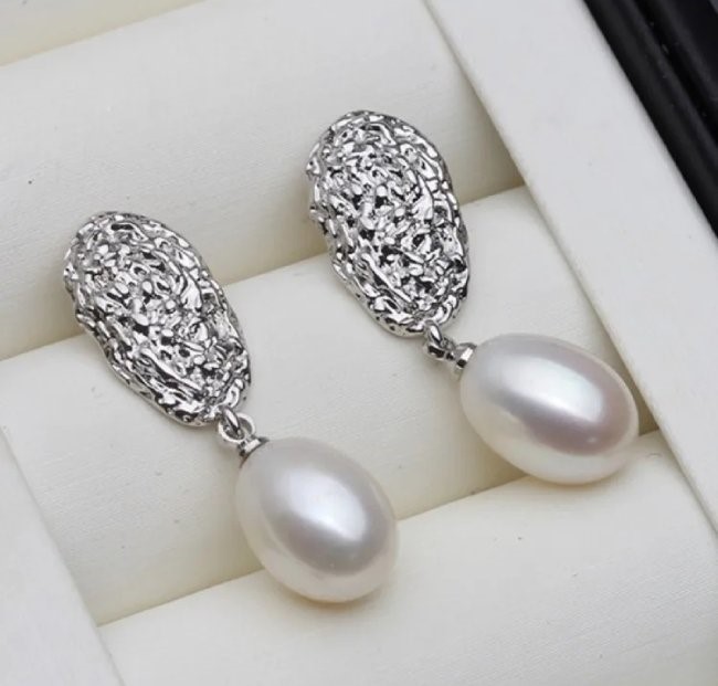 Designer White Floral Freshwater Pearl Drop Dangle Earrings in Silver