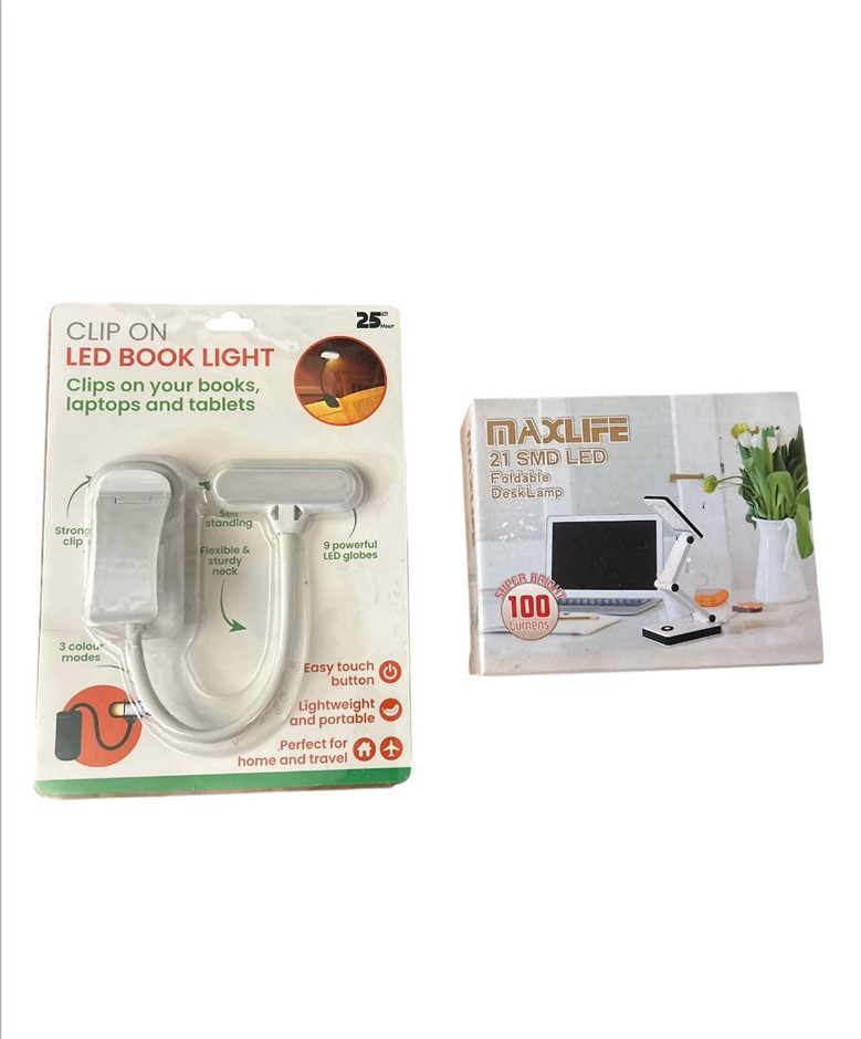 2x LED Products (1x Clip On LED Book Light, 1x MAXLIFE Foldable Desk Lamp)