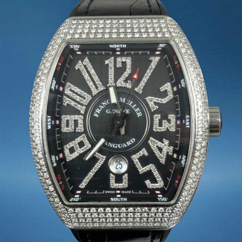 Franck Muller V45 SC DT AC NR Black Dial Custom Diamond Automatic BxP COA
