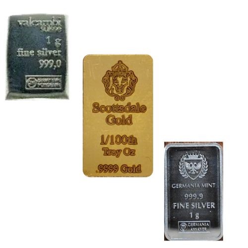 1/100 Ounce -Gold Scottdale x1 bars & 1 Gram Valcumbi silver bar & 1 gram