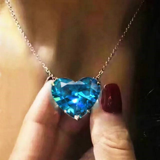 Designer Simulated Diamond Blue Heart Pendant Necklace in Silver