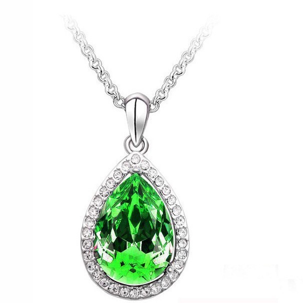 Designer Simulated Diamond LargeGreen Teardrop Pendant Necklace in Silver