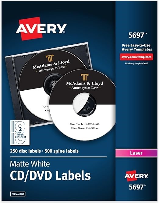 AVERY CD Labels, White Matte, 250 CD Labels and 500 Case Spine Labels (5697