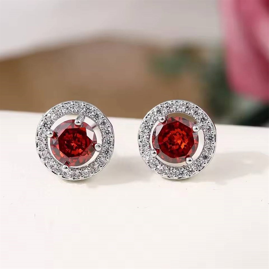 Designer Simulated Diamond Red Round Stud Earrings in Silver