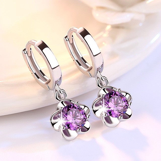 Designer Round Purple Simulated Diamond Bridal Earrings in Silver