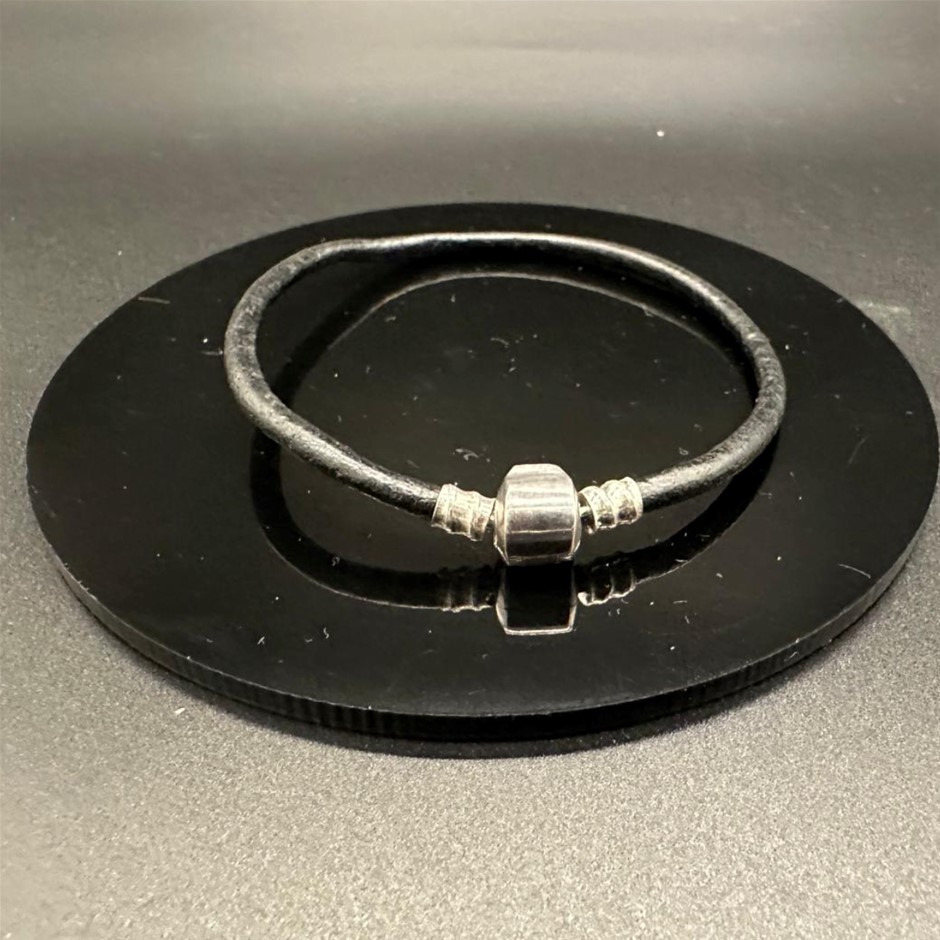Designer Silver Ball Black Leather Bracelet
