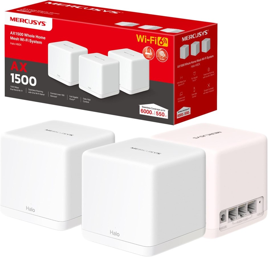 MERCUSYS Halo H60X(3-Pack) AX1500Mbps Mesh WiFi 6 System, Gigabit Ports, TP
