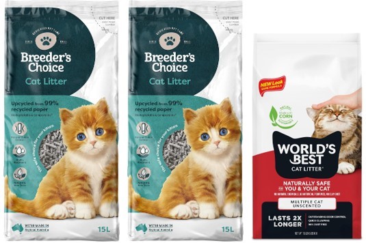 3 x Assorted Cat Litters Including 2 x BREEDERS CHOICE 99% Recycled Paper