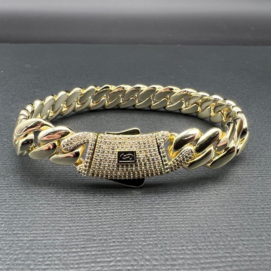 14K Gold-Filled Solid Cuban Bracelet, Simulated Diamonds,10MM Wide - 20.3cm
