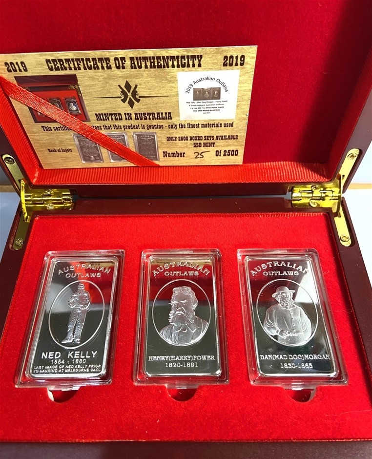 3 x 1 oz Ingots Finished 999 Silver, Australian Outlaws w/ D/Box, Ltd 2500