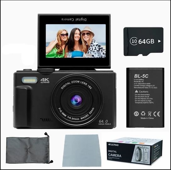 4K Digital Camera for Photography 64MP Vlogging Black