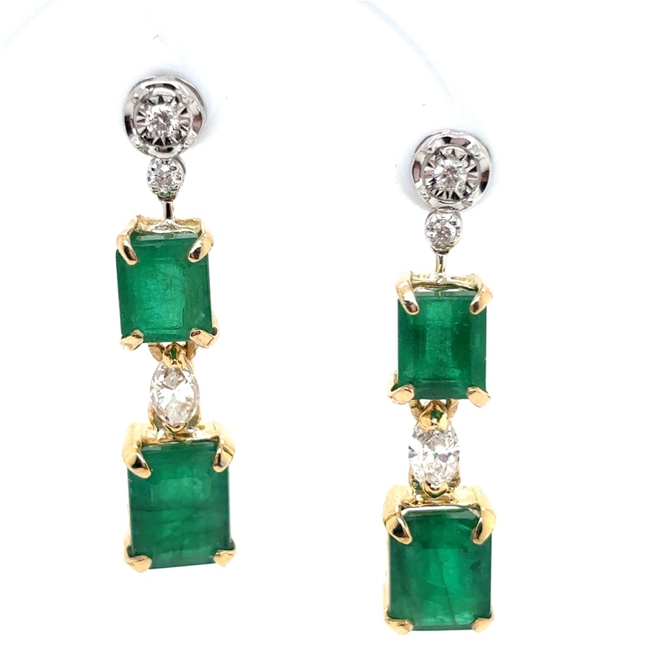 5.34ct 4 Emeralds & 0.50ct 2 Marquise Cut + G/SI Earrings 18K 2 Tone Gold