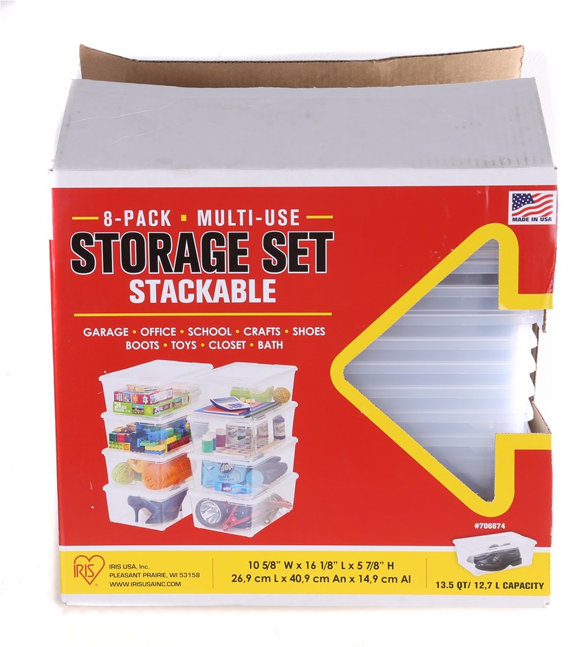 IRIS 8-Pack Stackable Storage Box Set 26cm x 40cm x 14cm with Lids. NB: Dam