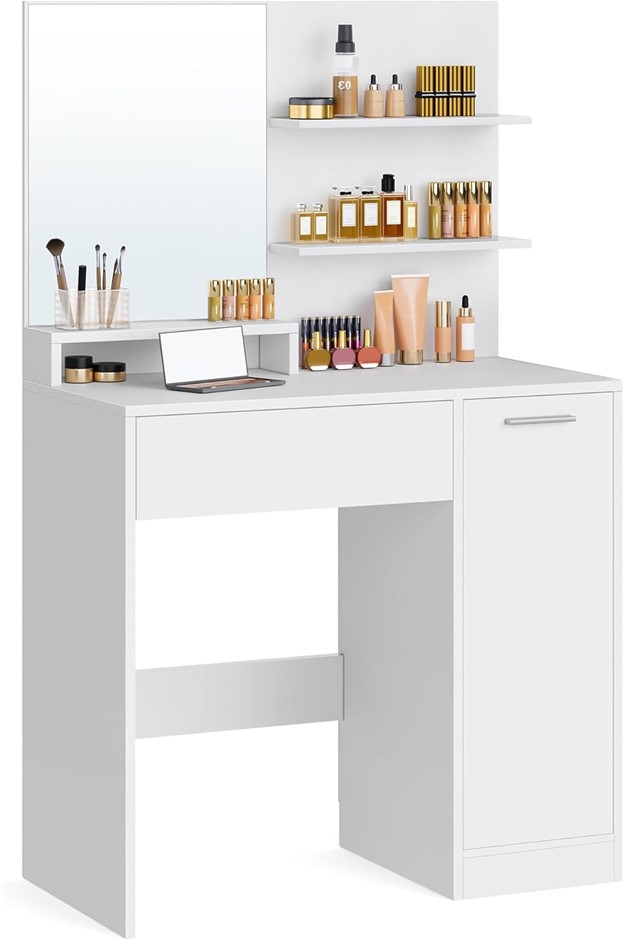 VASAGLE Dressing Table, Makeup Vanity Desk with Mirror, 1 Drawer, 2 Shelves