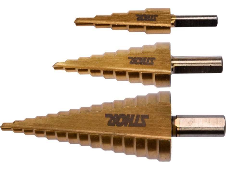 STHOR 3pc HSS Step Drills Coated with Titanium Nitride.