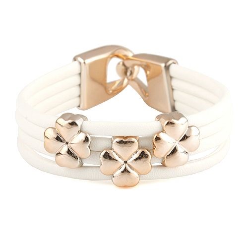 White & Gold PU Leather Lucky Clover Bracelet